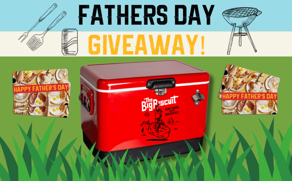 Photo of red cooler with The Big Biscuit cowboy logo and "father's day giveaway"