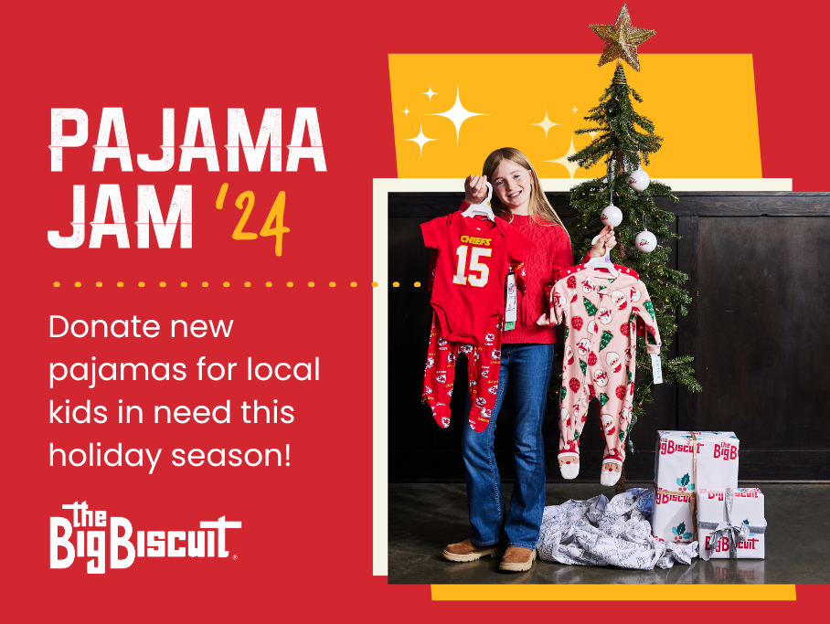 Pajama Jam '24 Donate new pajamas for local kids in need this holiday season! The Big Biscuit Girl holding pajamas near Christmas tree and gifts