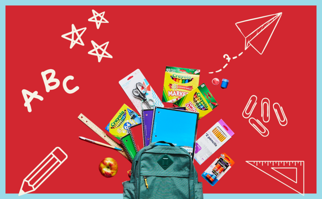 Red background with white vector art for school supplies, green backpack with school supplies pouring out